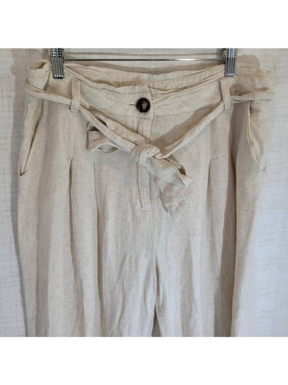 Lulus Wide Leg Pants Womens XL Ivory Belted Linen Blend Lounge Bottoms Bohemian - Picture 2 of 9